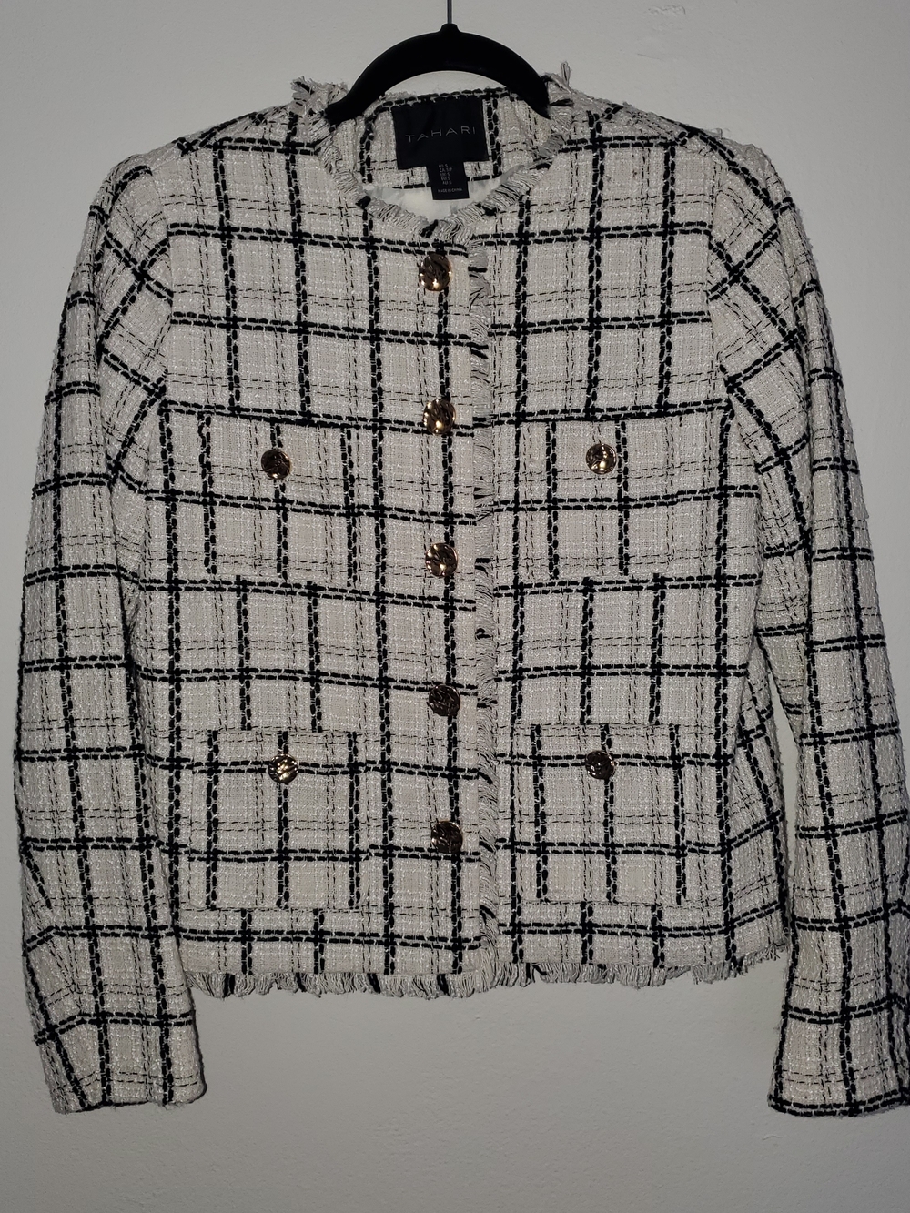 Tahari Ivory and Black Plaid Fringe Tweed Blazer